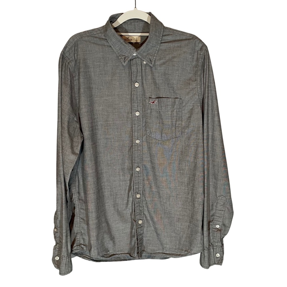 Hollister Mens Long Sleeve Button Down Shirt Grey‎ Chambray Logo Pocket Large
